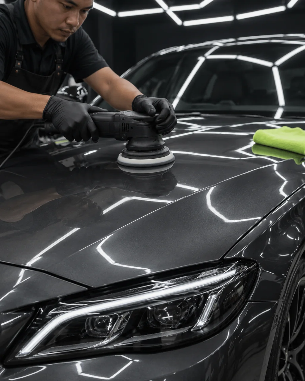 Tangan technician melakukan polish pada cat kereta graphite