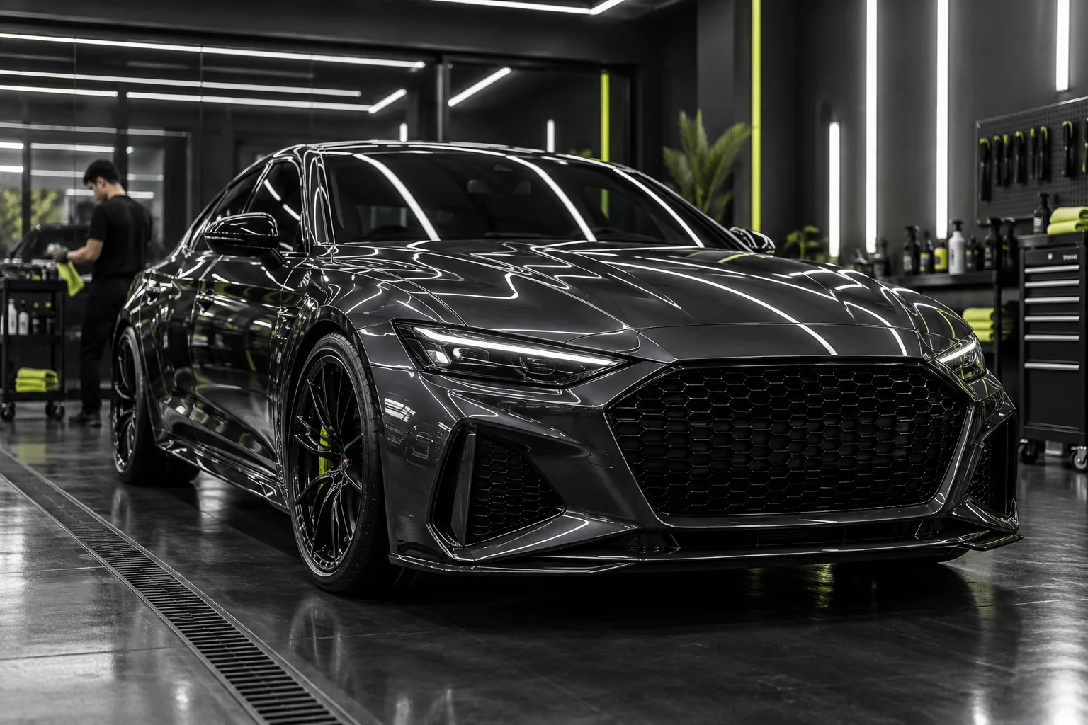 Sedan graphite berkilat di studio detailing profesional Malaysia